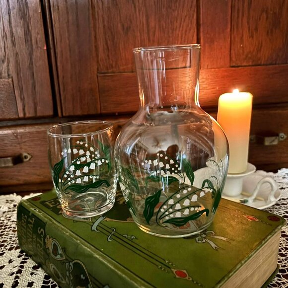Libbey Other - Vintage Lily of the Valley Bedside Water Set – Tumble-Up Stackable Carafe & Tumb